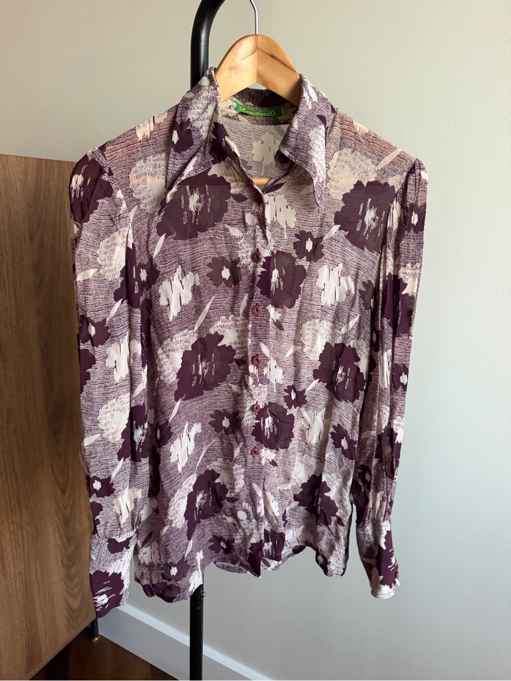 Vintage 1970s FrCacharel Purple Floral Sheer Silk Long-Sleeve Blouse Size 12 / 4